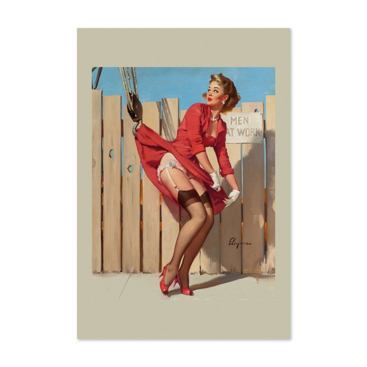Unexpected Lift by Gil Elvgren, pin-up poster — framed print